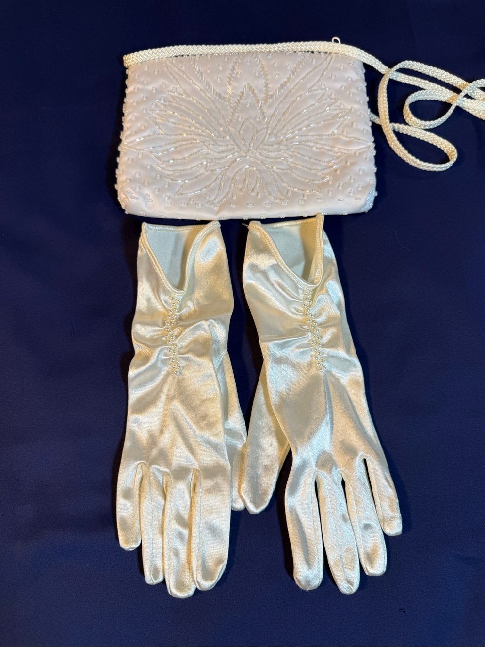 Elegant Cream Satin Gloves with Beaded Clutch